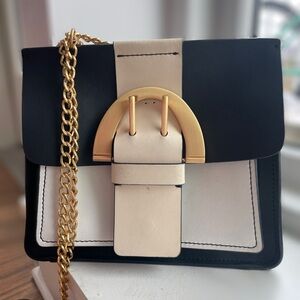 ZAC Zac Posen Buckle Crossbody Bag Black Cream Gold Chain Leather Purse